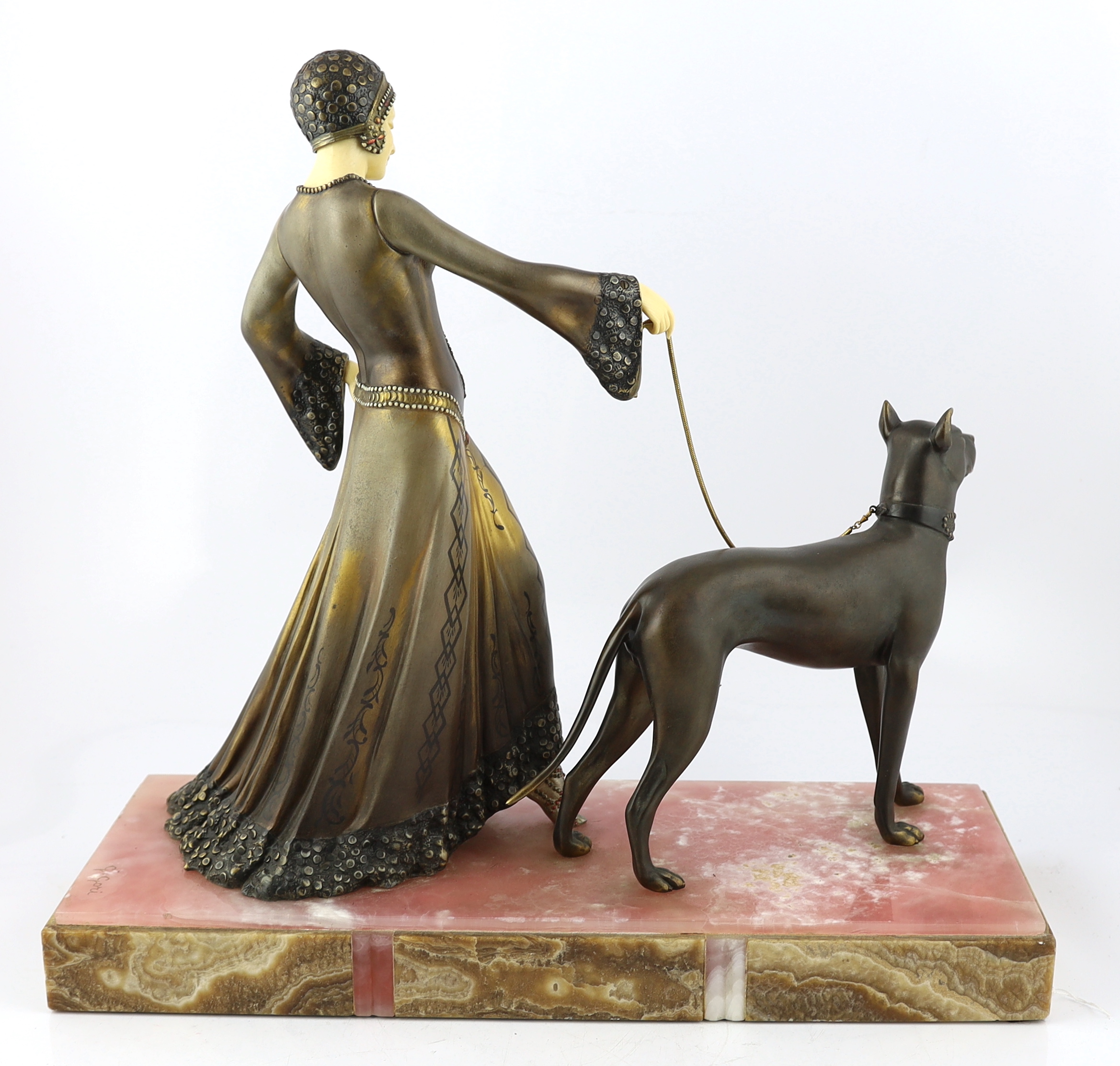 G. Gori, a French Art Deco bronze, simulated ivory and marble Art Deco group of a medieval lady with a hound, 56cm wide, 20cm deep, 52cm high